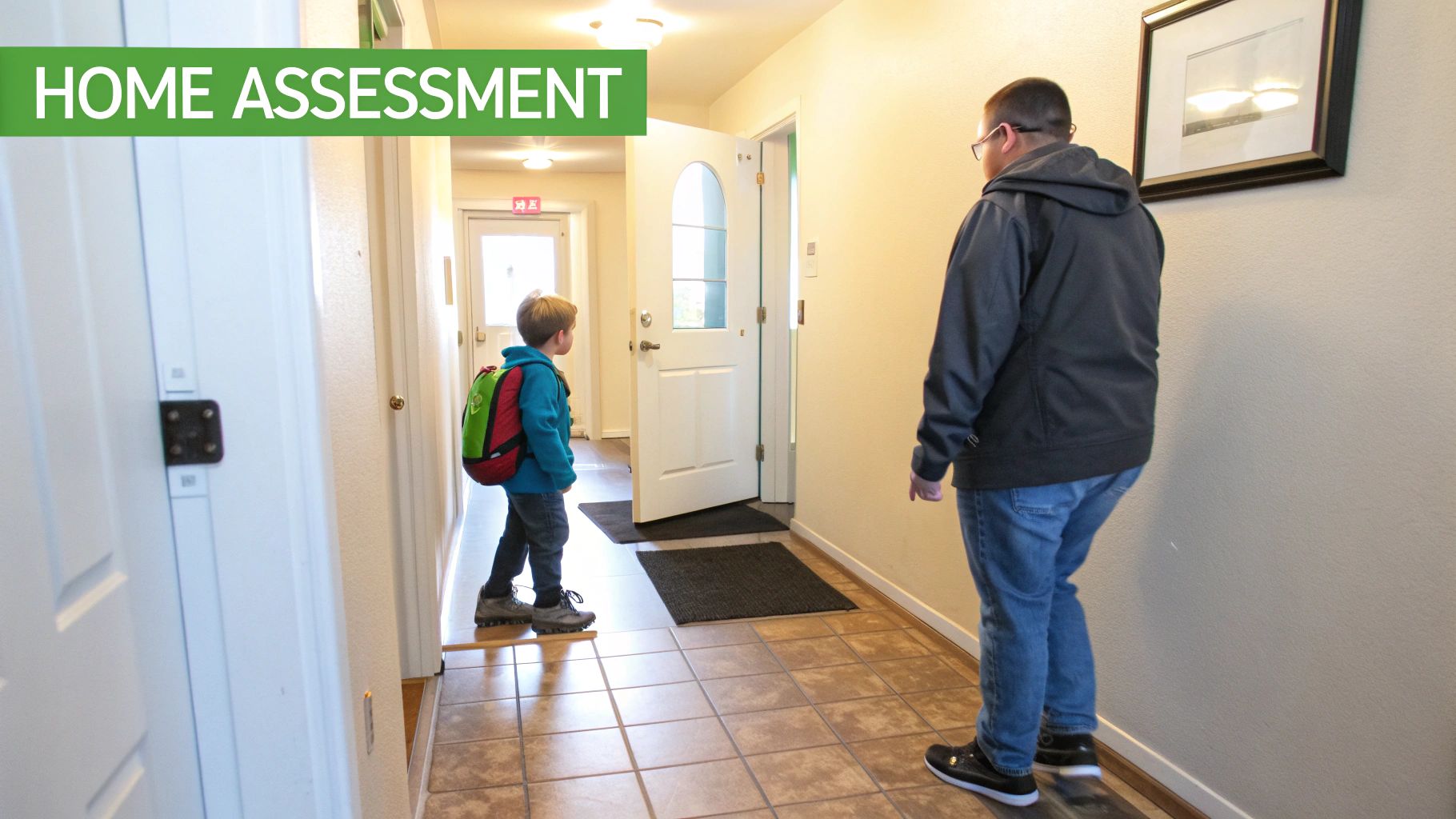 A young boy with a backpack and an adult stand in a home hallway during an assessment.