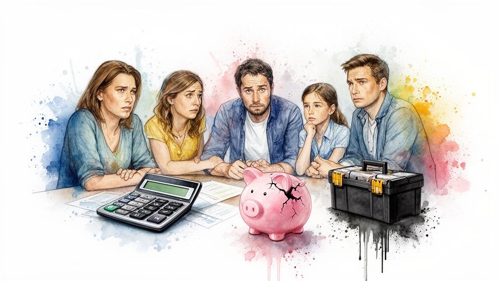 A worried family sits at a table with a computer, documents, a broken money box and a toolbox.
