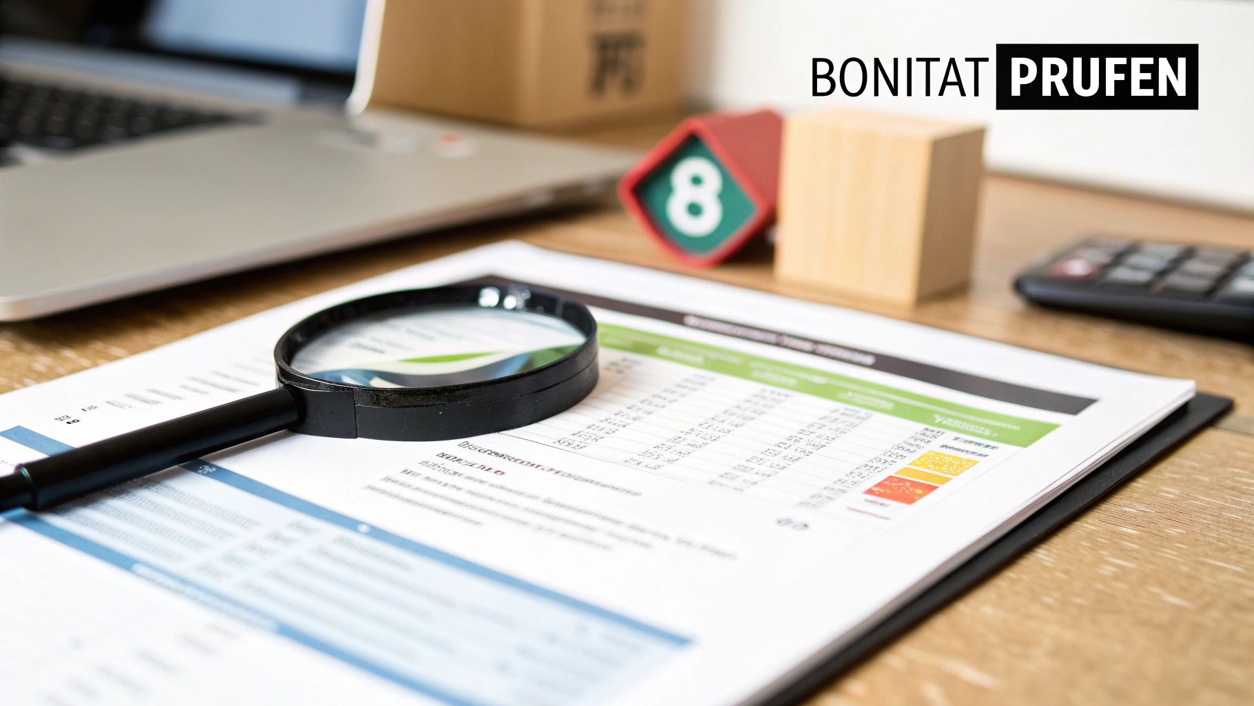 Schreibtisch mit Finanzdokumenten, Lupe und Laptop, symbolisiert die detaillierte Prüfung der Bonität.