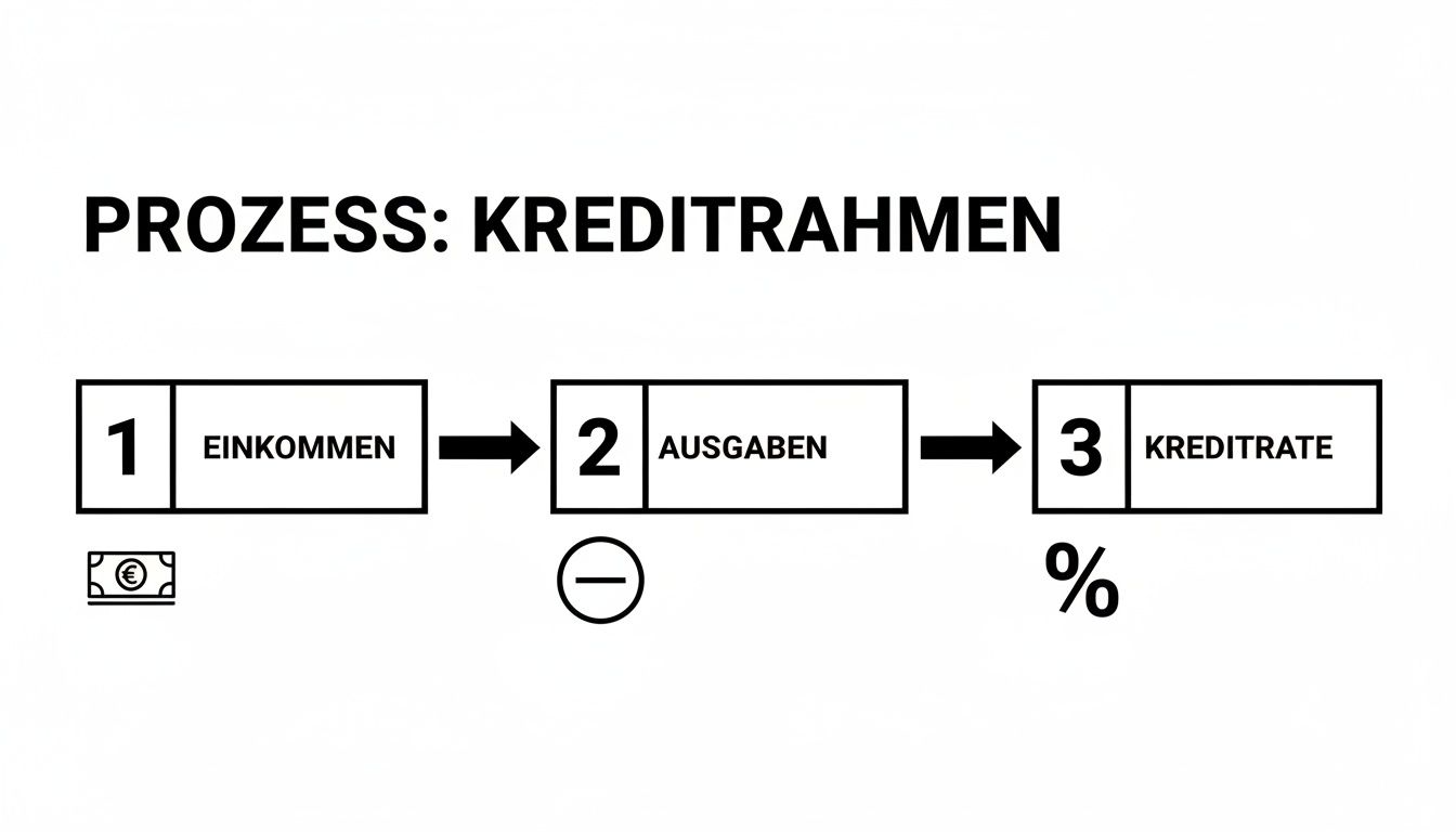 Diagramm zeigt den Prozess zur Berechnung eines Kreditrahmens: Einkommen minus Ausgaben ergibt die Kreditrate.