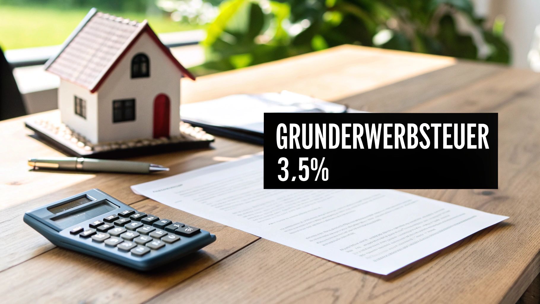 Modellhaus, Taschenrechner und Dokumente mit der Aufschrift 'Grunderwerbsteuer 3.5%' auf einem Holztisch.