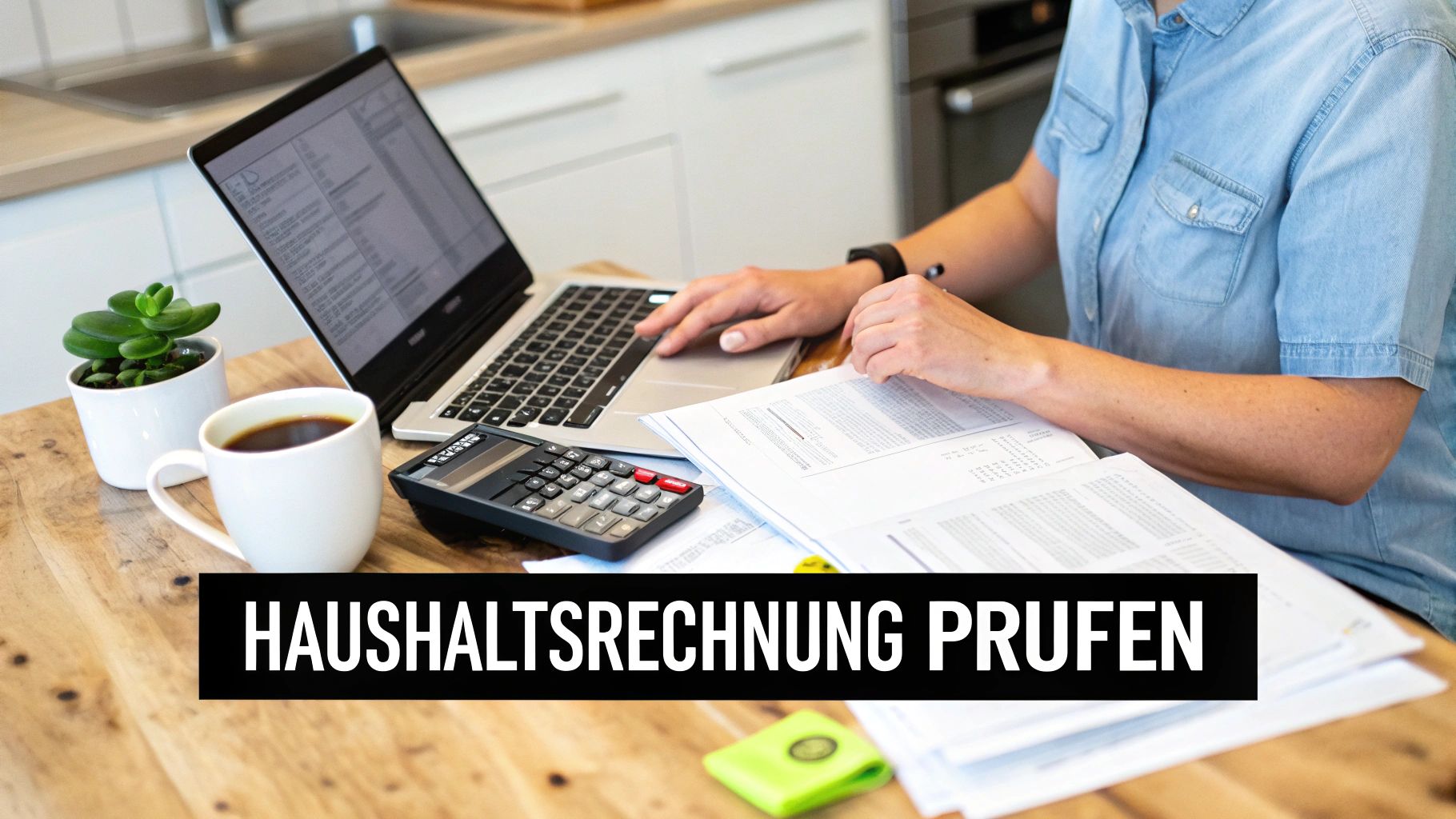 Person prüft Haushaltsrechnung am Laptop mit Papieren, Taschenrechner und Kaffee auf einem Holztisch.