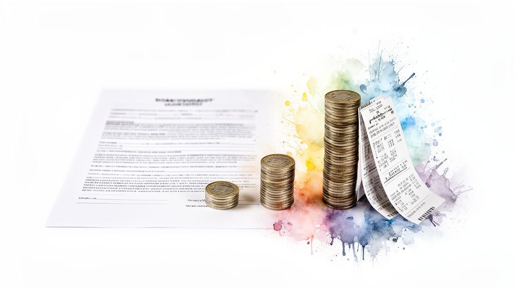 Ein Dokument, Münzstapel und Kassenbons mit Farbspritzern symbolisieren Finanzen und Kosten.