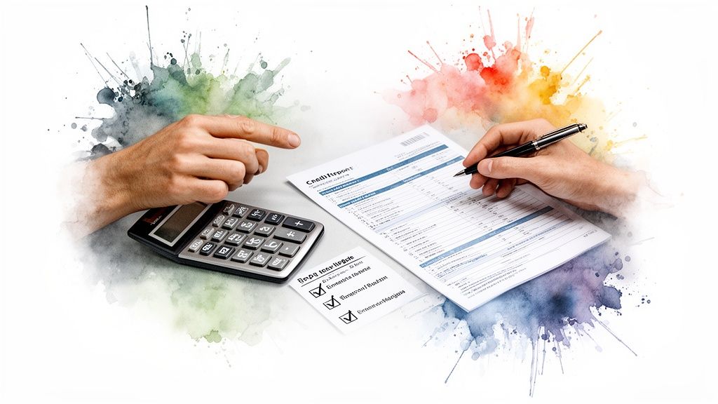 Zwei Hände arbeiten an einem Schreibtisch mit einem Taschenrechner und einem Kreditbericht zur Finanzplanung.