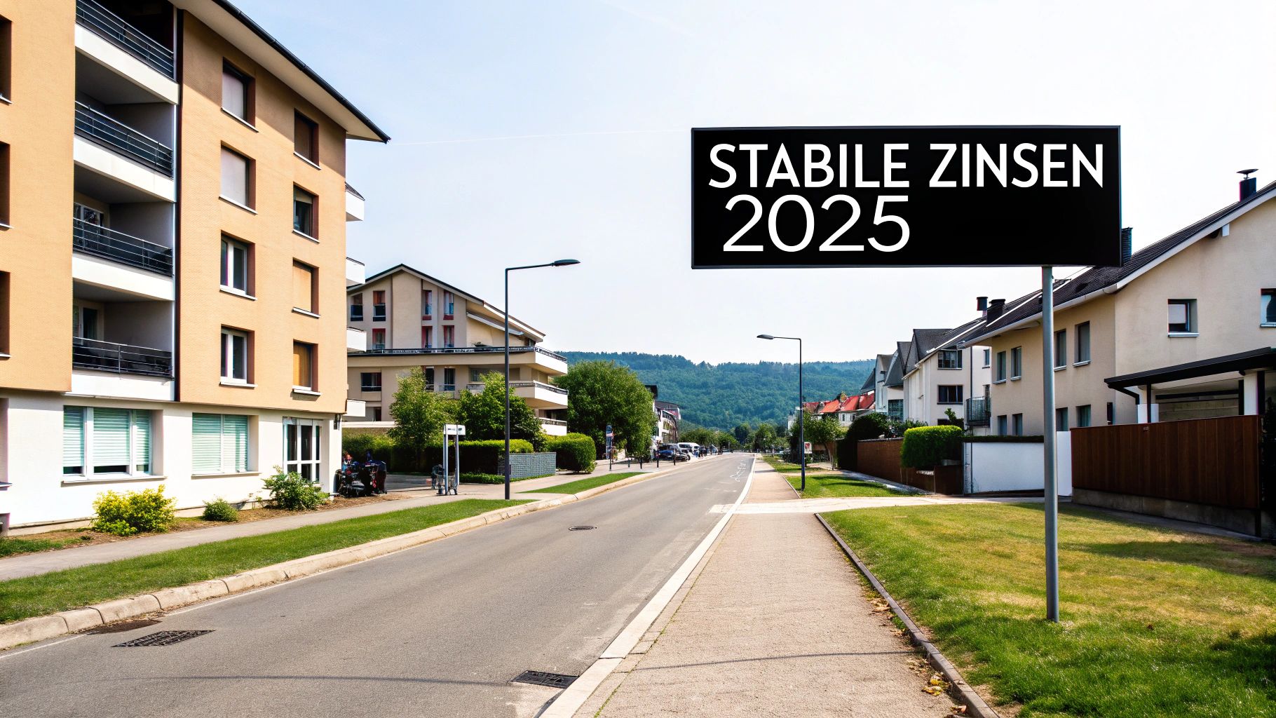 Eine Wohnstraße mit Häusern, Bäumen und einem Schild, das 'Stabile Zinsen 2025' anzeigt, unter einem klaren Himmel.