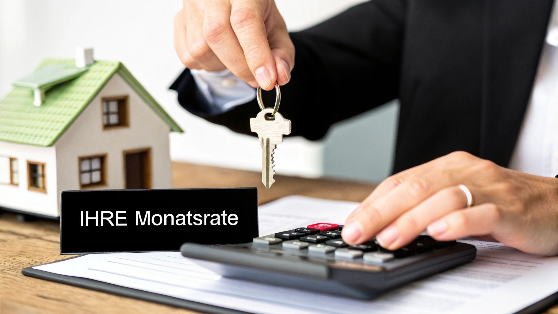 Ein Mann hält einen Hausschlüssel, während daneben ein Modellhaus und ein Taschenrechner zu sehen sind. Ein Schild zeigt die Aufschrift "IHRE Monatsrate".