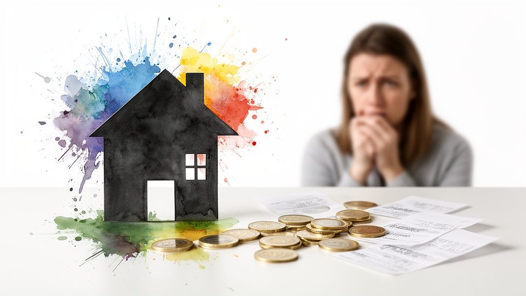 Frau mit Sorgen um Finanzen und Eigenheim, symbolisiert durch Hausausschnitt, Münzen und Rechnungen.