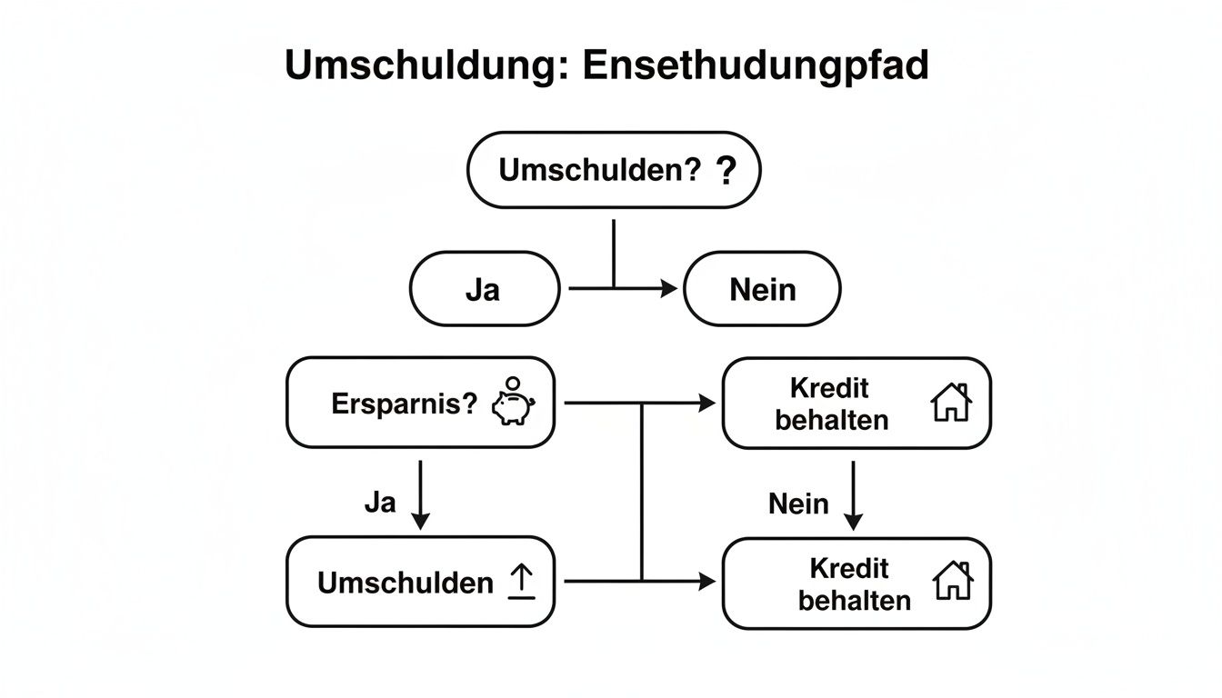 Flussdiagramm zur Umschuldung, das Entscheidungspunkte für die Kreditaufnahme und mögliche Einsparungen darstellt.