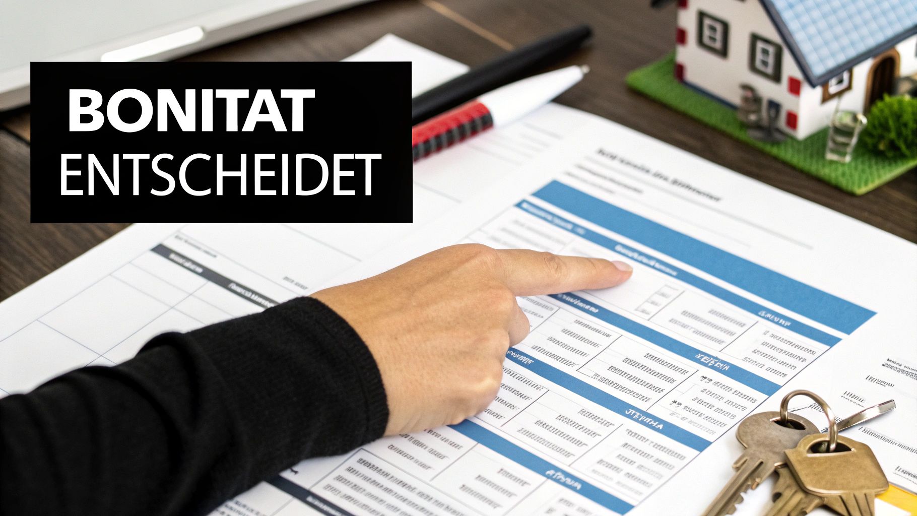 Eine Person zeigt auf ein Finanzdokument, mit Hausmodell und Schlüssel; Text: Bonität entscheidet.