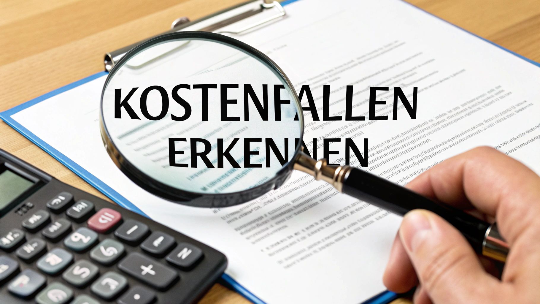 Eine Lupe vergrößert die Worte 'Kostenfallen erkennen' auf einem Dokument, neben einem Rechner und einer Hand.