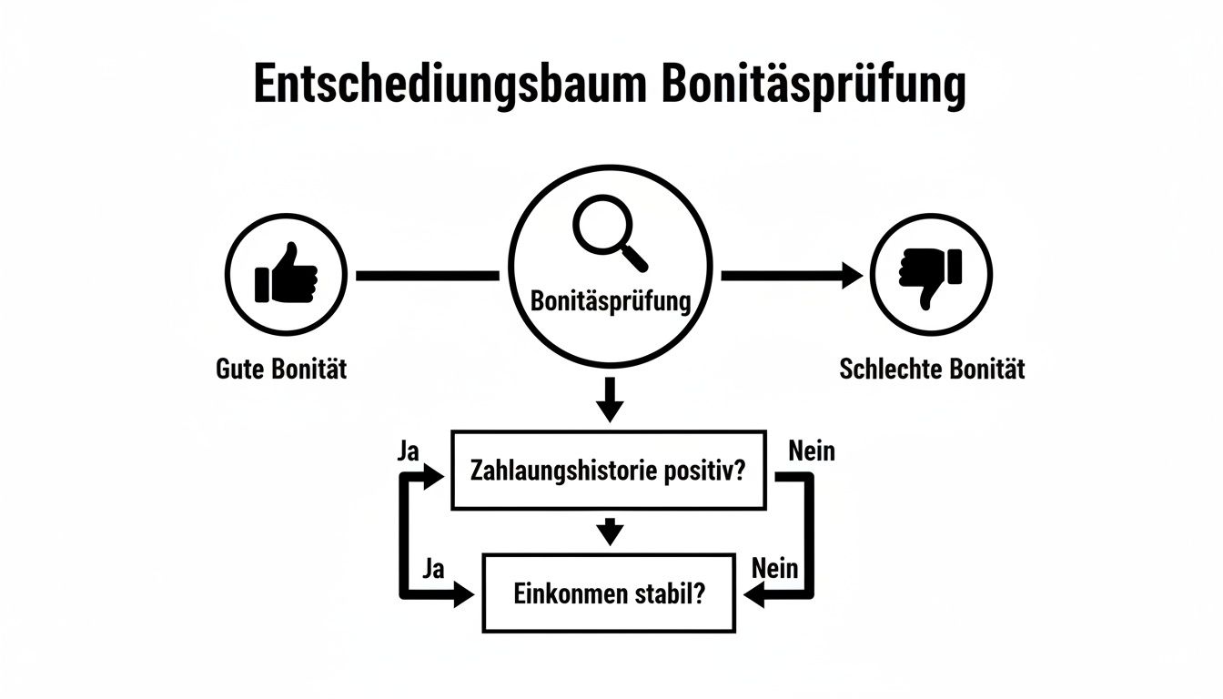 Flussdiagramm zur Bonitätsprüfung, zeigt Schritte und Kriterien für gute oder schlechte Kreditwürdigkeit.
