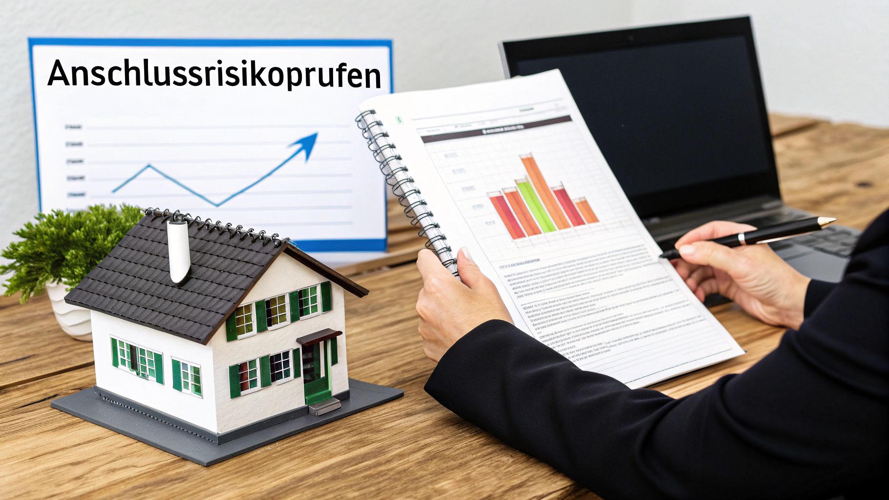Eine Person prüft Finanzdokumente und Risikoberechnungen für Immobilien mit einem Hausmodell.