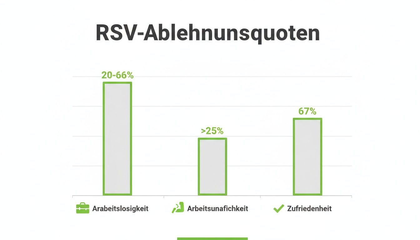 Balkendiagramm zeigt RSV-Ablehnungsquoten für Arbeitslosigkeit (20-66%), Arbeitsunfähigkeit (>25%) und Zufriedenheit (67%).