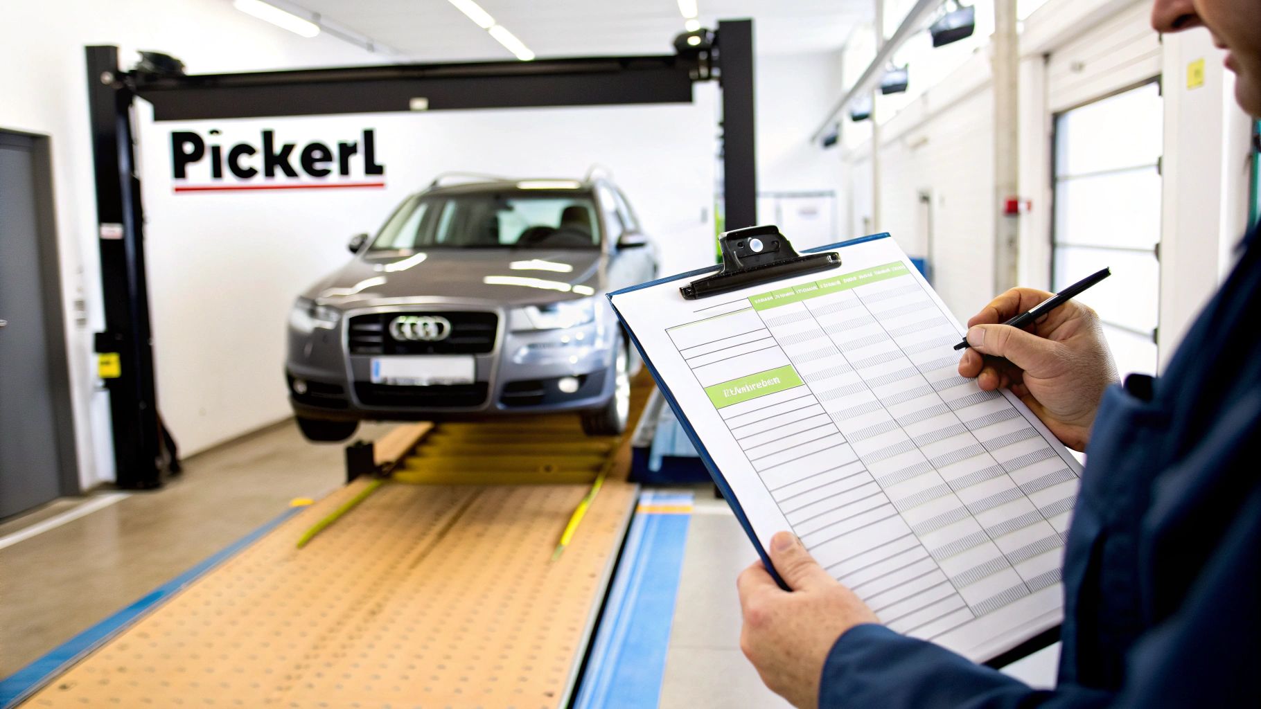 Ein Mechaniker inspiziert ein Auto auf einer Hebebühne in einer Werkstatt und macht Notizen auf einem Klemmbrett.