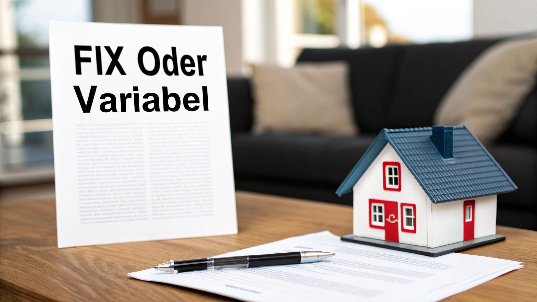 Dokument mit "FIX Oder Variabel" auf Holztisch, daneben ein Modellhaus und ein Stift.