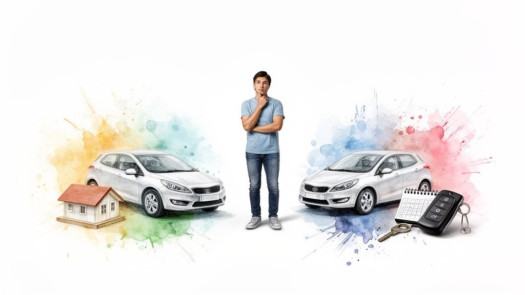Ein nachdenklicher Mann wählt zwischen dem Kauf eines Hauses/Autos und einer Leasingoption mit Schlüsseln.