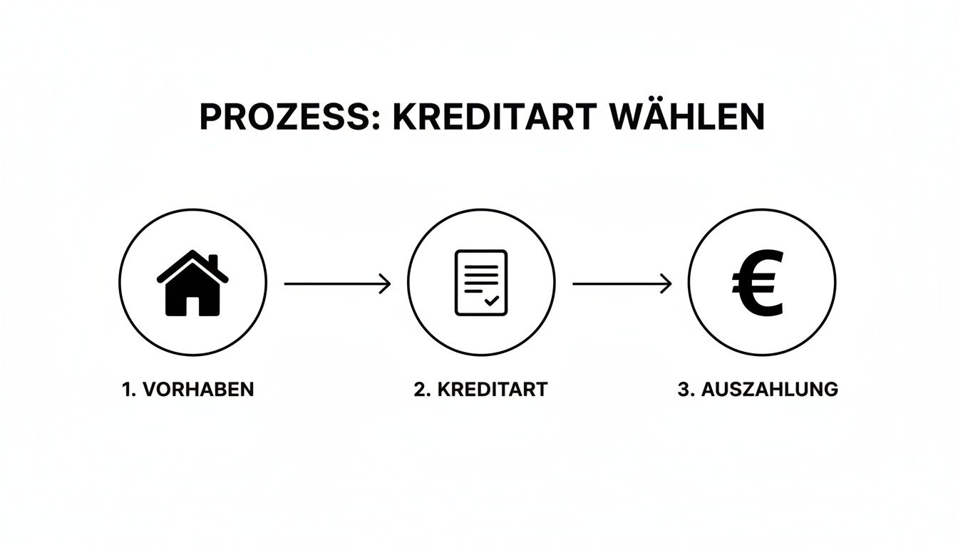 Infografik zum Kreditprozess: Von Vorhaben über die Wahl der Kreditart bis zur Auszahlung des Darlehens.