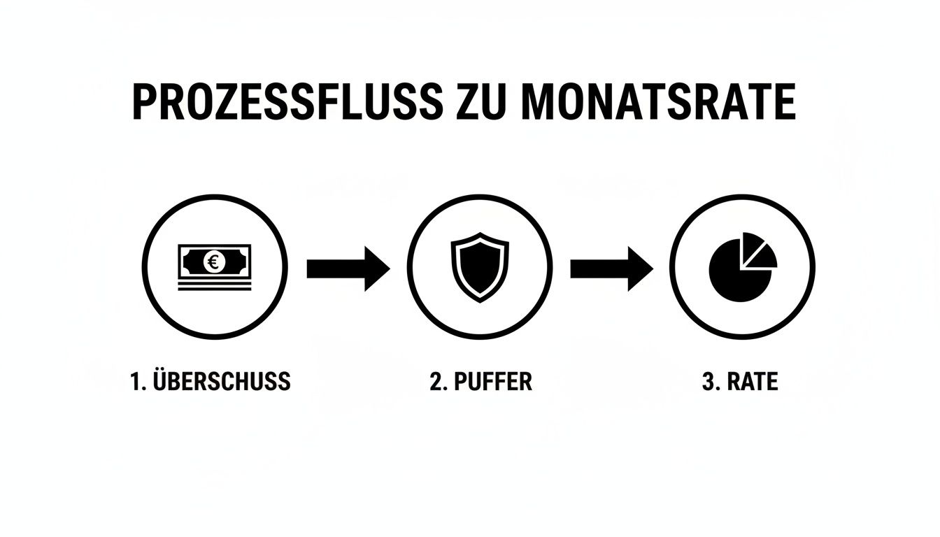 Flussdiagramm zeigt den Prozess von Überschuss über Puffer zur Monatsrate mit zugehörigen Symbolen.