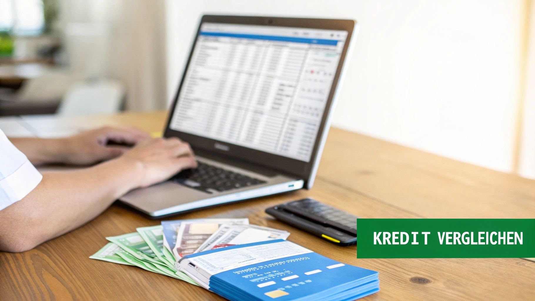 Person am Laptop vergleicht Kredite, mit Geld, Kreditkarten und Smartphone auf einem Holztisch.