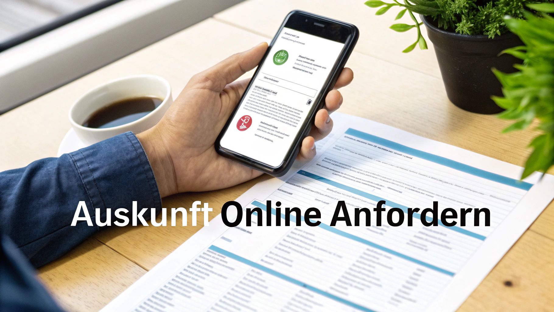 Person hält Smartphone mit Online-Formular, daneben Dokumente, Kaffee und Pflanze auf Holztisch. Text: Auskunft Online Anfordern.