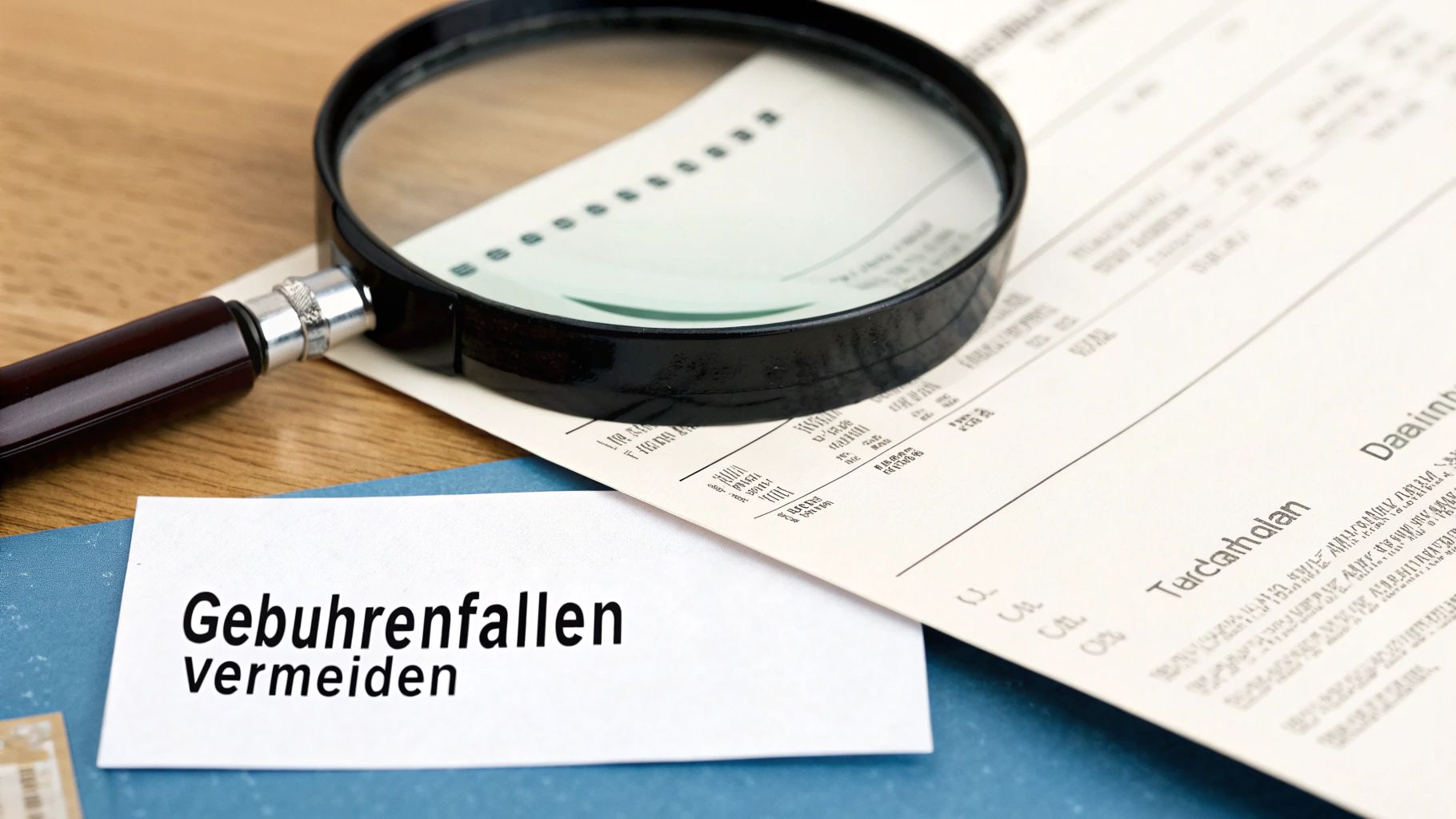 Lupe auf Dokumenten mit Finanzdaten und einer Karte mit der Aufschrift 'Gebührenfallen Vermeiden'.