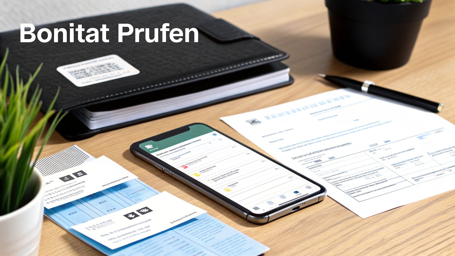 Schreibtisch mit Dokumenten, Smartphone und Notizbuch zur Bonitätsprüfung. Finanzielle Informationen werden geprüft.