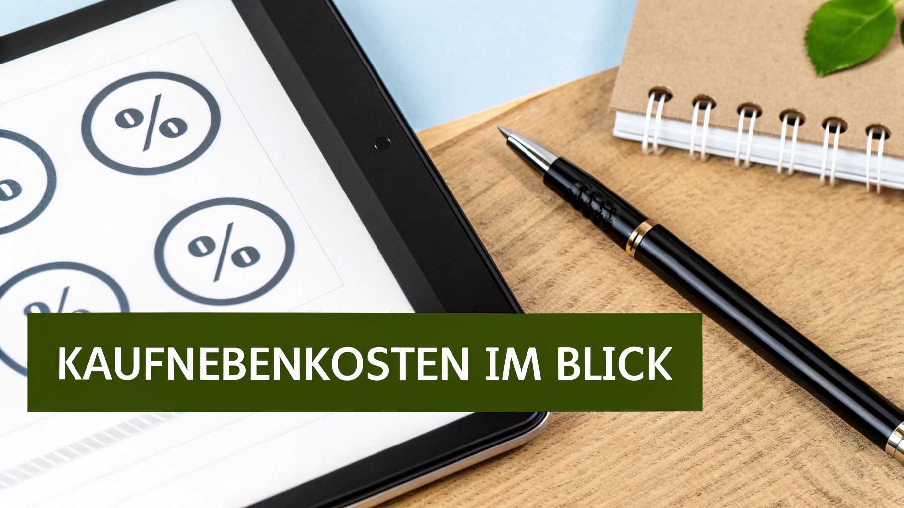 Tablet mit Prozentzeichen, Notizbuch und Stift auf Holztisch, dazu Text: KAUFNEBENKOSTEN IM BLICK.