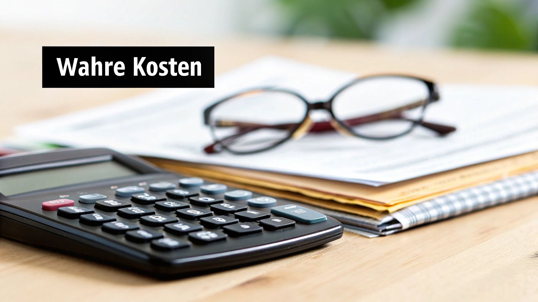 Ein Taschenrechner, Brille und Dokumente auf einem Schreibtisch mit dem Text 'Wahre Kosten'.