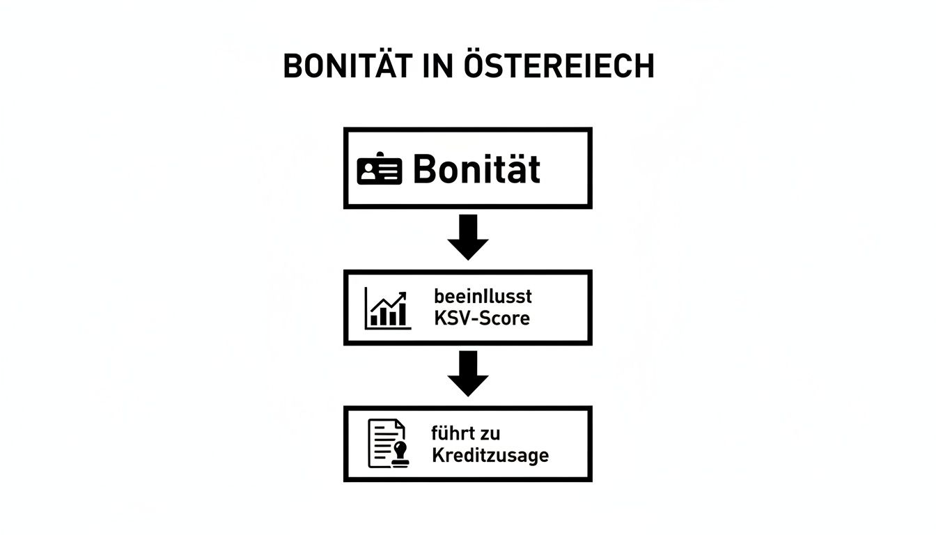 Flussdiagramm, das den Zusammenhang zwischen Bonität, KSV-Score und Kreditzusage in Österreich darstellt.