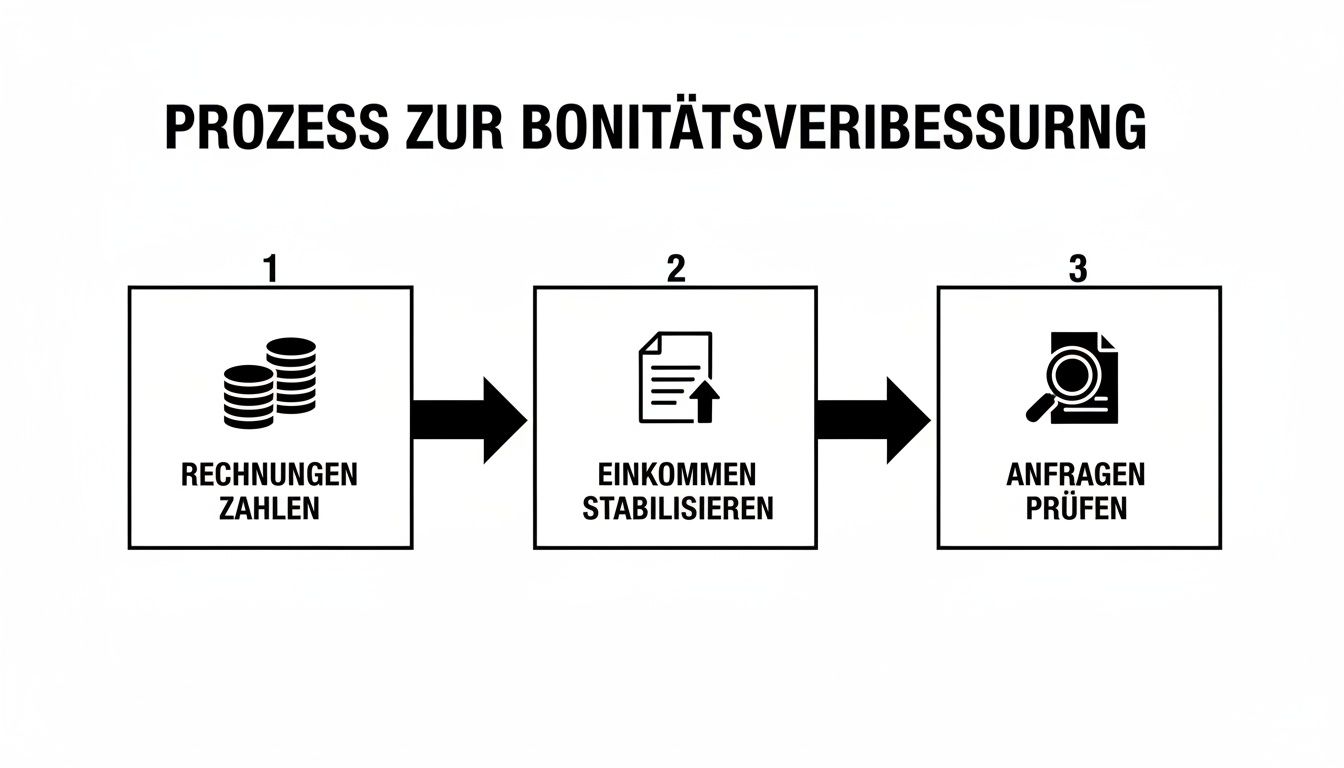 Prozess zur Verbesserung der Bonität mit Schritten wie Rechnungszahlung, Einkommensstabilisierung und Anfragenprüfung.