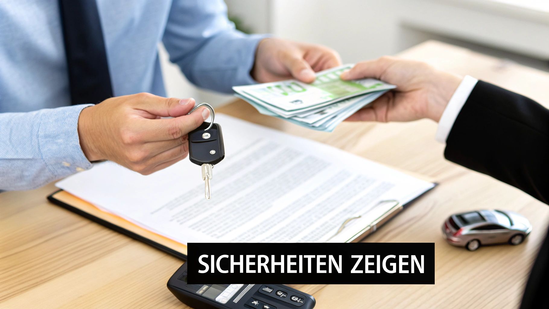 Hände tauschen Autoschlüssel und Geldscheine über einem Dokument; ein Spielzeugauto ist auf dem Holztisch zu sehen.
