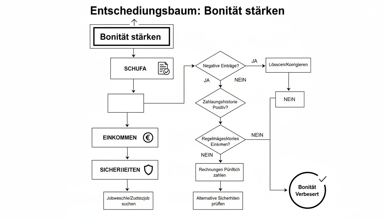 Flussdiagramm zum Stärken der Bonität mit Schritten wie SCHUFA-Prüfung, Einkommensbewertung und Zahlungshistorie für verbesserte Kreditwürdigkeit.