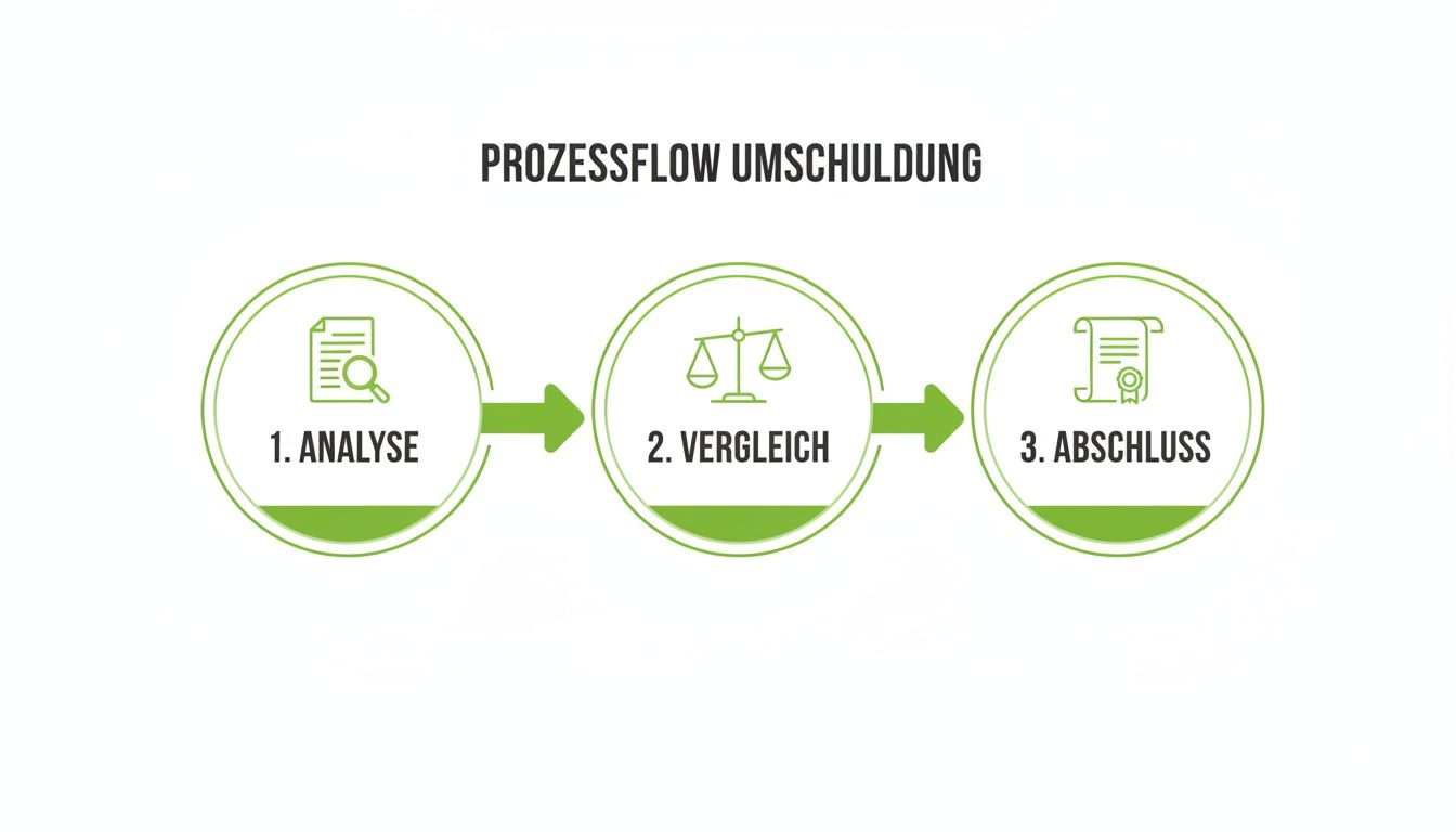 Prozessflow für Umschuldung, visualisiert mit Schritten Analyse, Vergleich und Abschluss mit Icons.