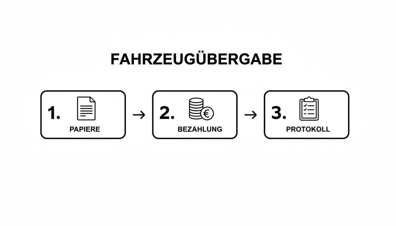 Infografik zur Fahrzeugübergabe in drei Schritten: Papiere, Bezahlung und Protokoll des Vorgangs.