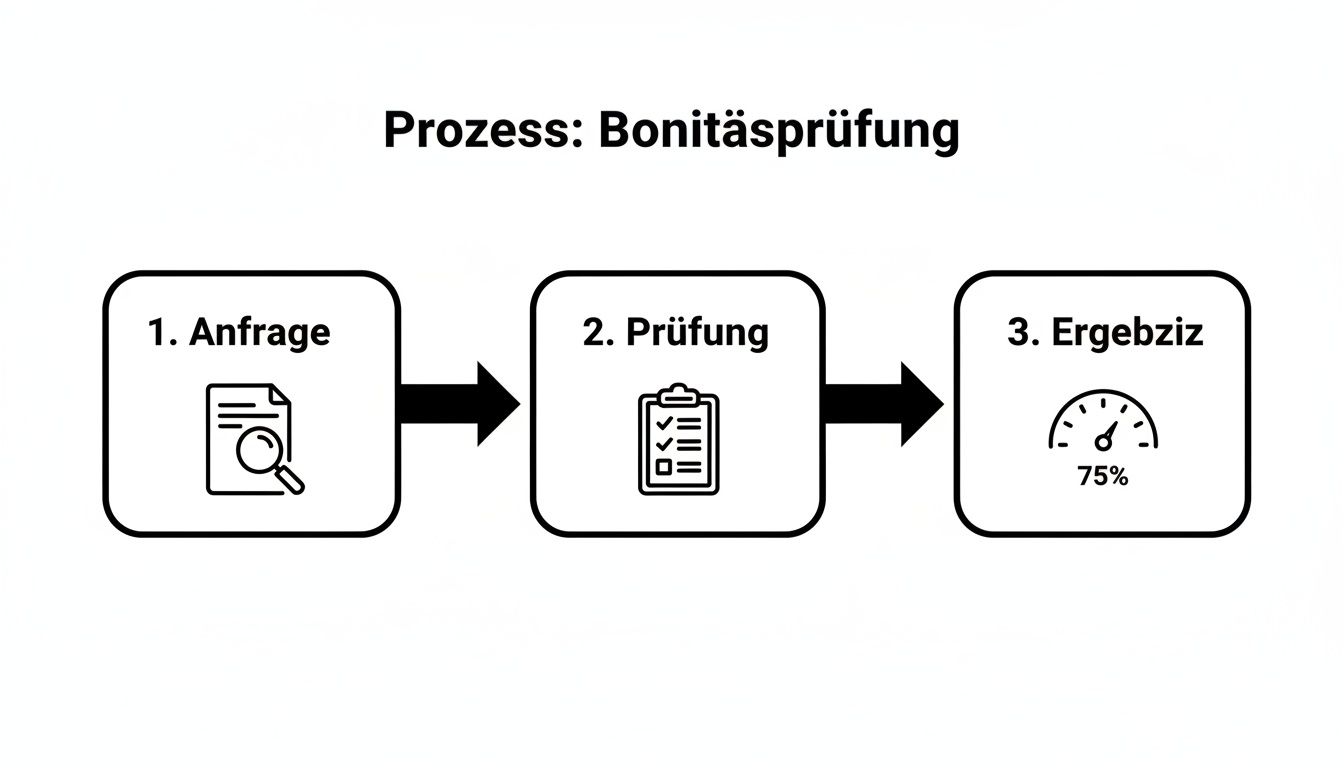 Ein Flussdiagramm zeigt den dreistufigen Prozess der Bonitätsprüfung: Anfrage, Prüfung und Ergebnis mit 75%.