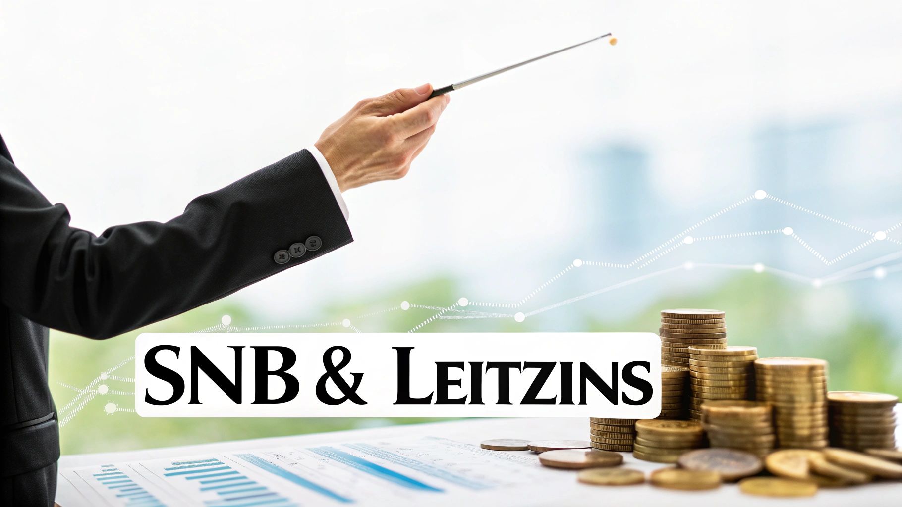 Geschäftsmann erklärt mit Zeigestab SNB und Leitzins, umgeben von Münzstapeln und Finanzdiagramm.