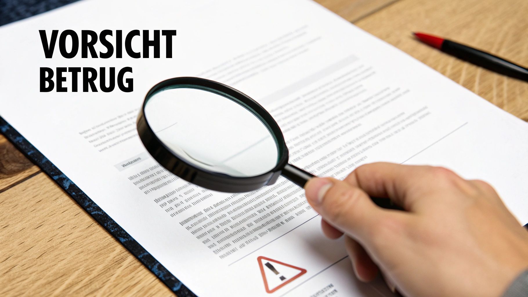 Eine Hand prüft ein Dokument mit einer Lupe, auf dem die Wörter „VORSICHT BETRUG“ stehen.