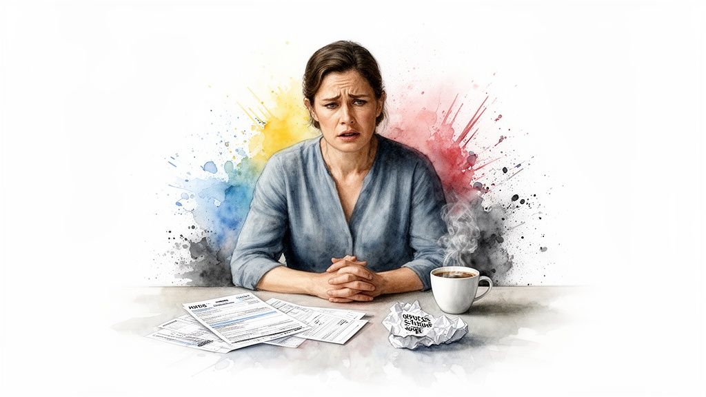 Eine gestresste Frau sitzt vor Papieren und einem Kaffee, im Hintergrund Farbspritzer.