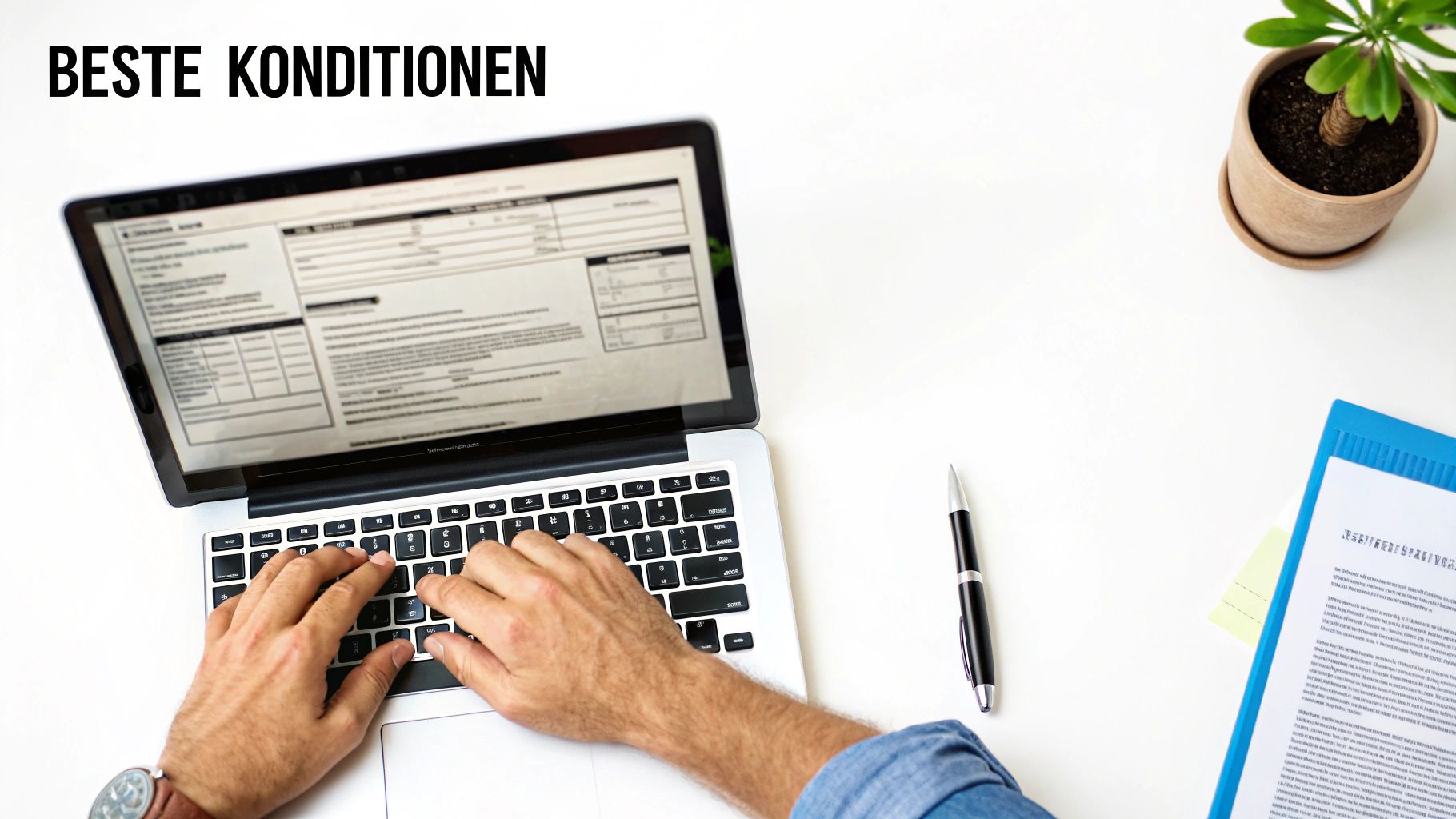 Person tippt am Laptop mit Dokumenten auf dem Bildschirm und Schreibtisch, Überschrift: Beste Konditionen.