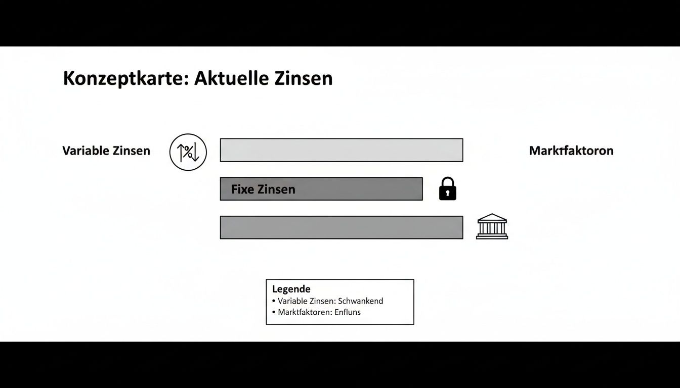 Konzeptkarte visualisiert aktuelle Zinsen: variable, fixe und deren Abhängigkeit von Marktfaktoren.