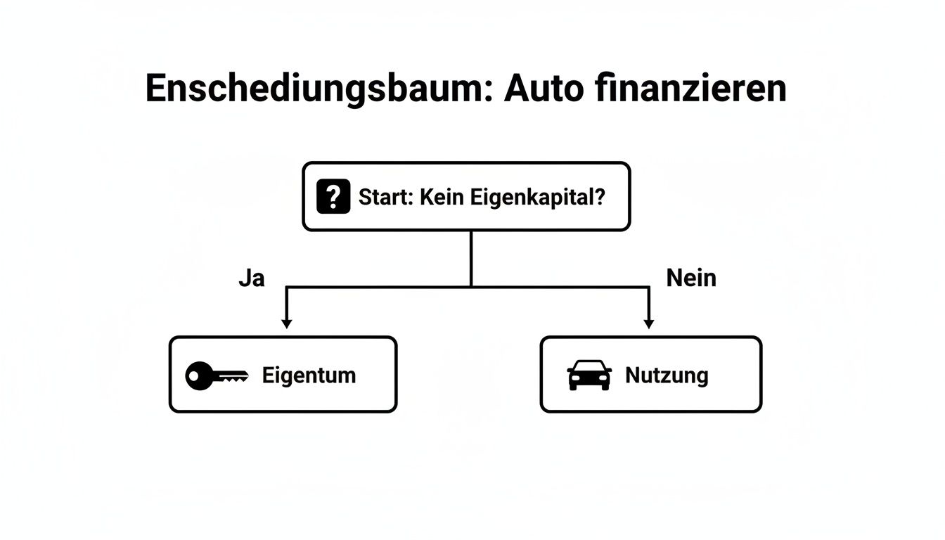 Entscheidungsbaum zur Autofinanzierung, der mit der Frage nach Eigenkapital beginnt und zu Eigentum oder Nutzung führt.