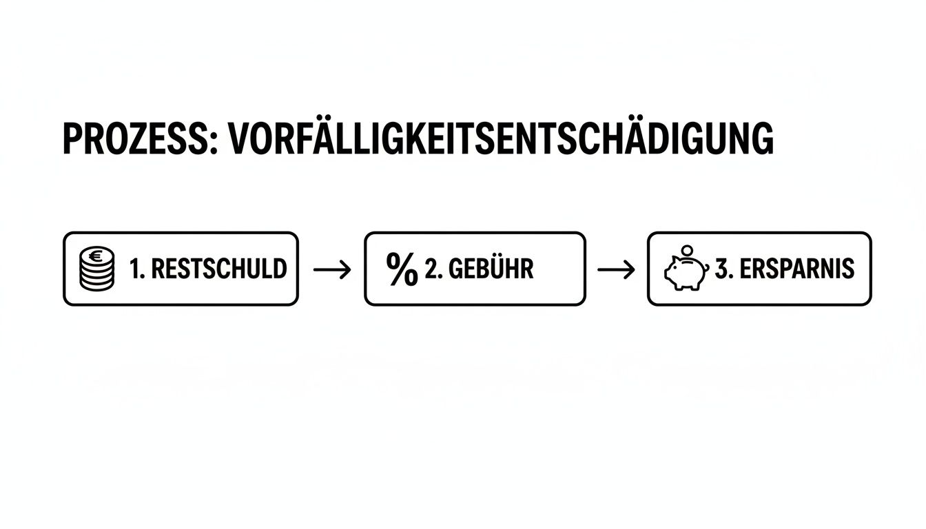 Flussdiagramm zum Prozess der Vorfälligkeitsentschädigung: Restschuld, Gebühr und Ersparnis.