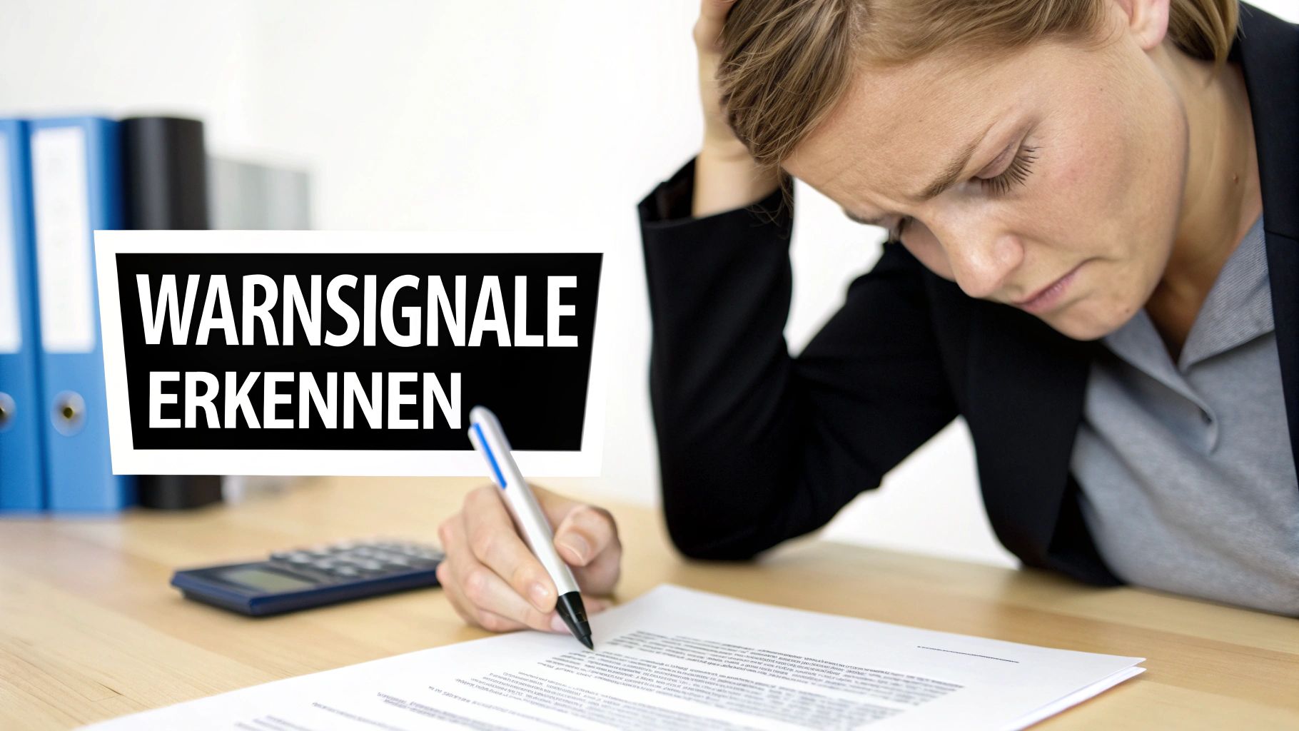 Gestresste Frau am Schreibtisch unterschreibt Dokumente, mit Text 'Warnsignale erkennen' als Overlay.