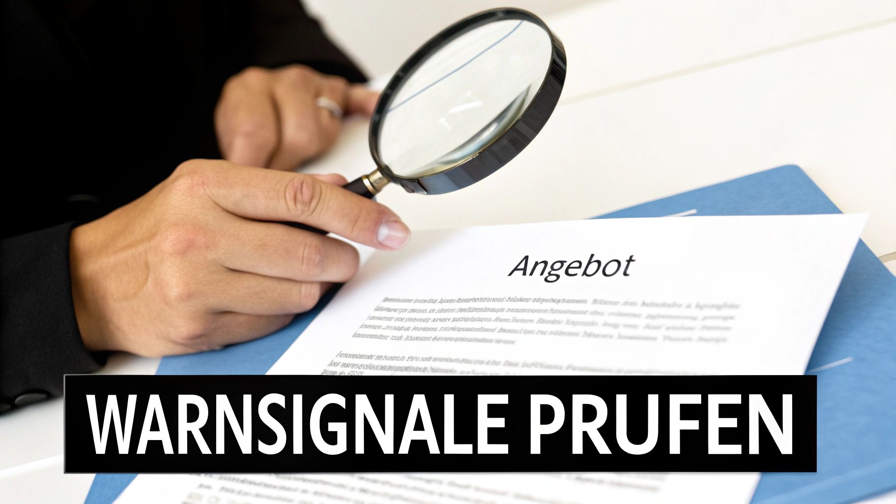 Nahaufnahme einer Person, die mit einer Lupe ein Dokument mit dem Titel „Angebot“ auf Warnsignale prüft.