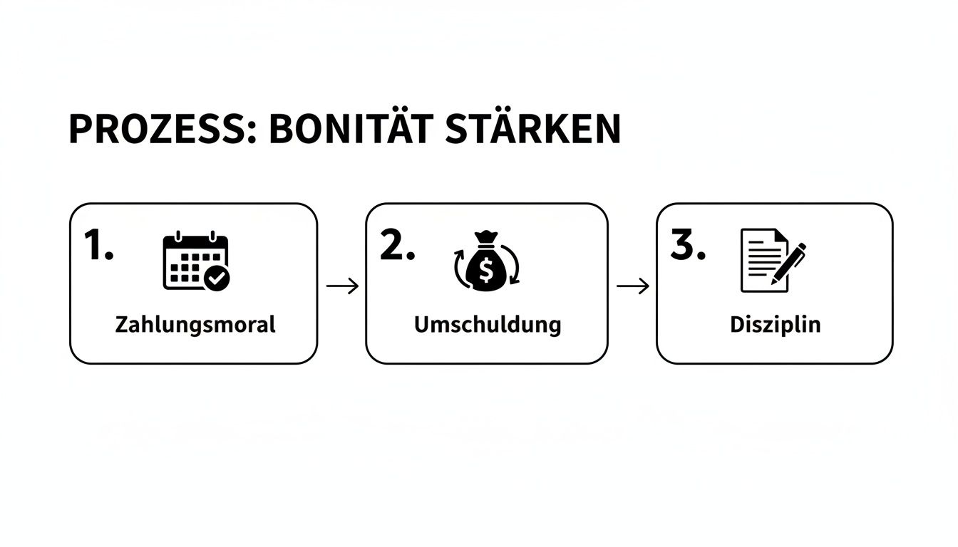 Infografik zeigt den Prozess zur Stärkung der Bonität in drei Schritten: Zahlungsmoral, Umschuldung und Disziplin.