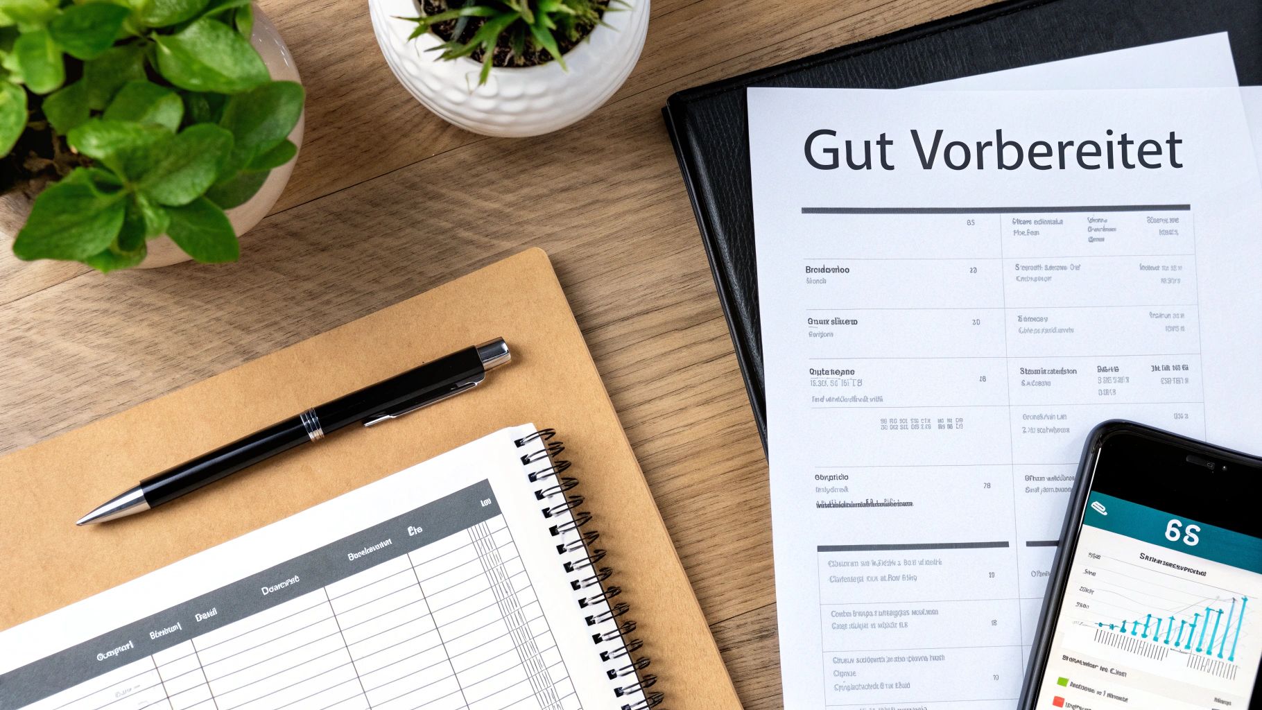 Schreibtisch-Flatlay mit Dokument 'Gut Vorbereitet', Notizbuch, Stift, Smartphone mit Diagramm und Pflanzen.
