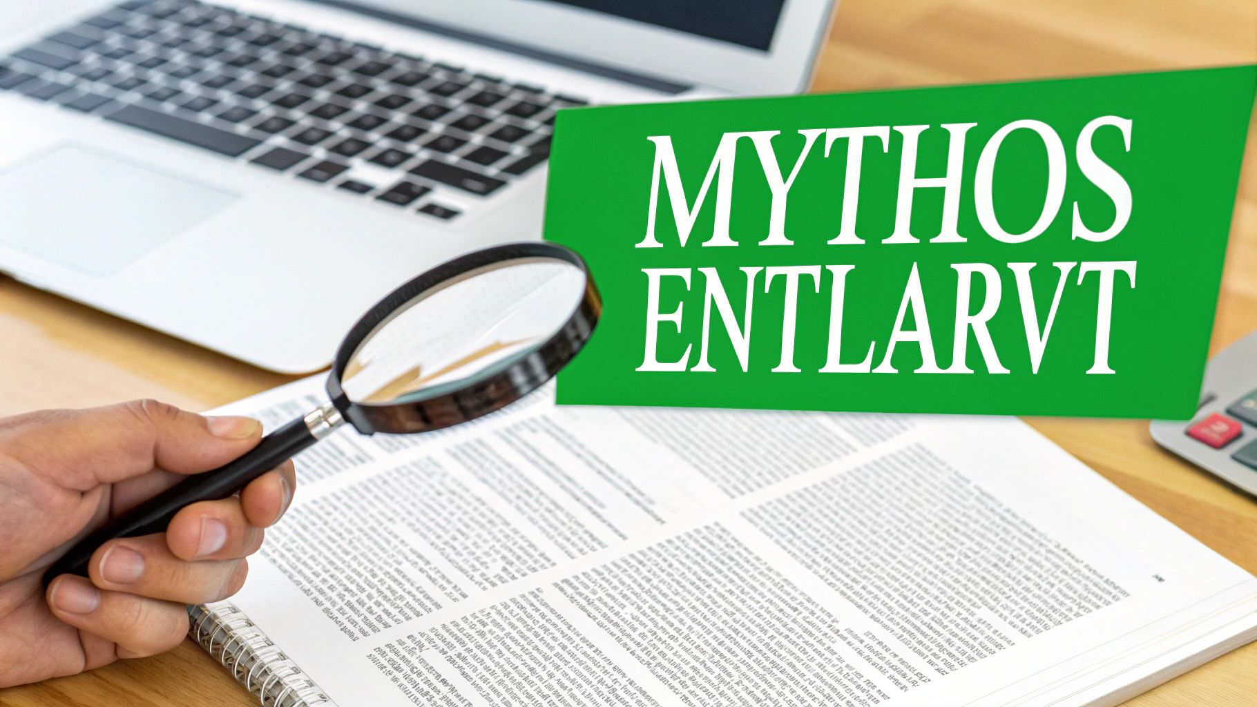 Person mit Lupe untersucht Dokument neben Laptop und einem Schild 'Mythos Entlarvt'.