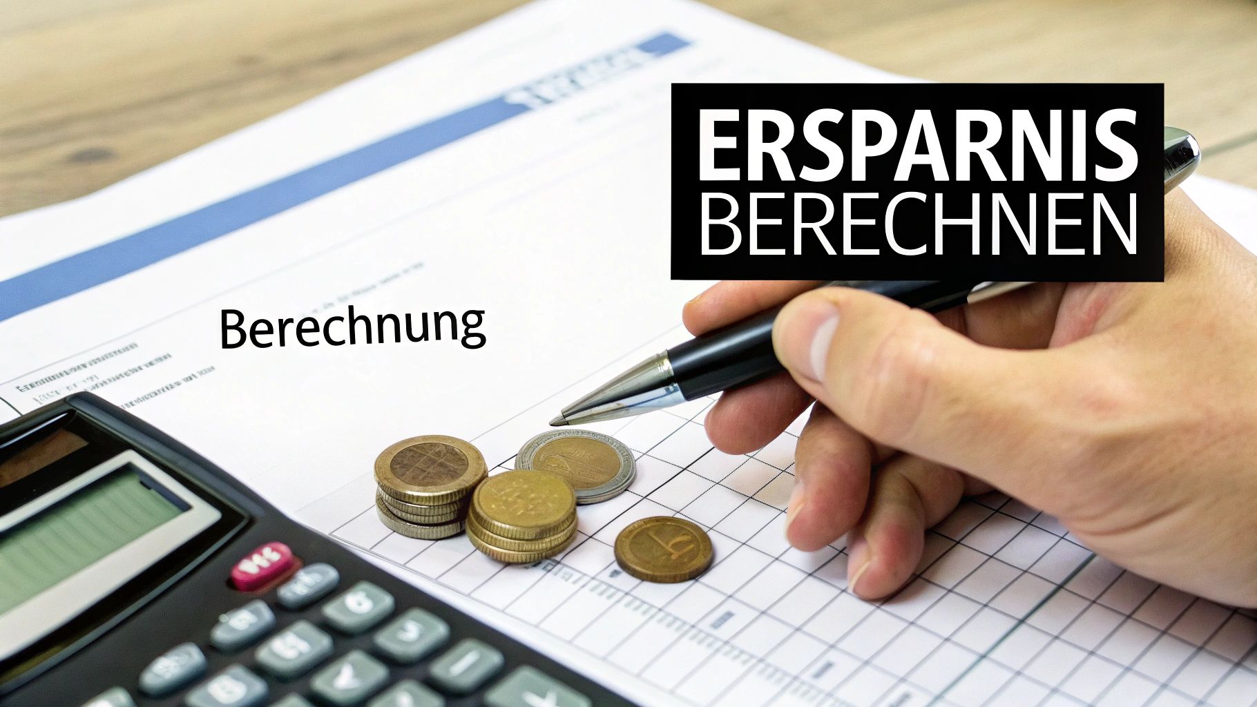 Eine Hand mit Stift, Münzen und Taschenrechner auf einem Dokument mit den Worten 'Berechnung' und 'Ersparnis berechnen'.
