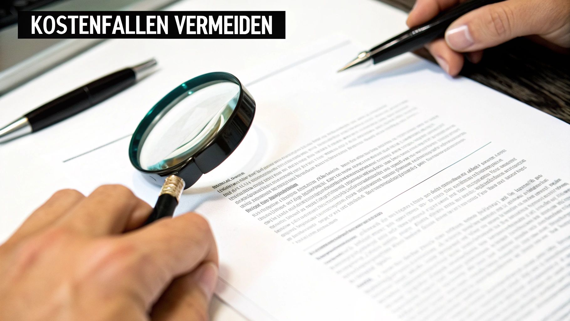 Hände untersuchen ein Dokument mit einer Lupe, während eine andere Hand einen Stift hält, mit dem Titel 'Kostenfallen vermeiden'.