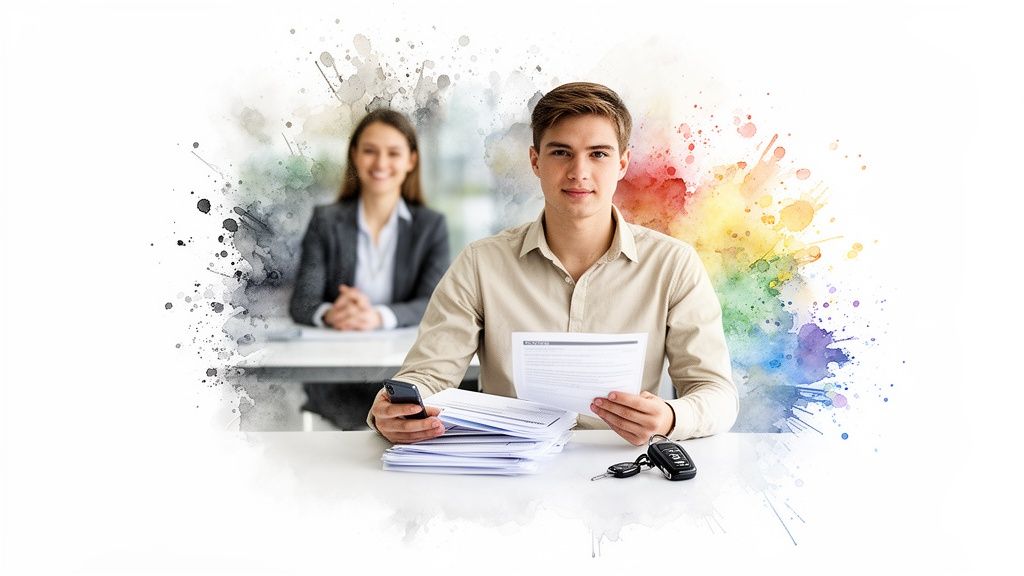 Junger Mann mit Unterlagen, Smartphone und Autoschlüsseln am Schreibtisch, lächelnde Frau im Hintergrund.